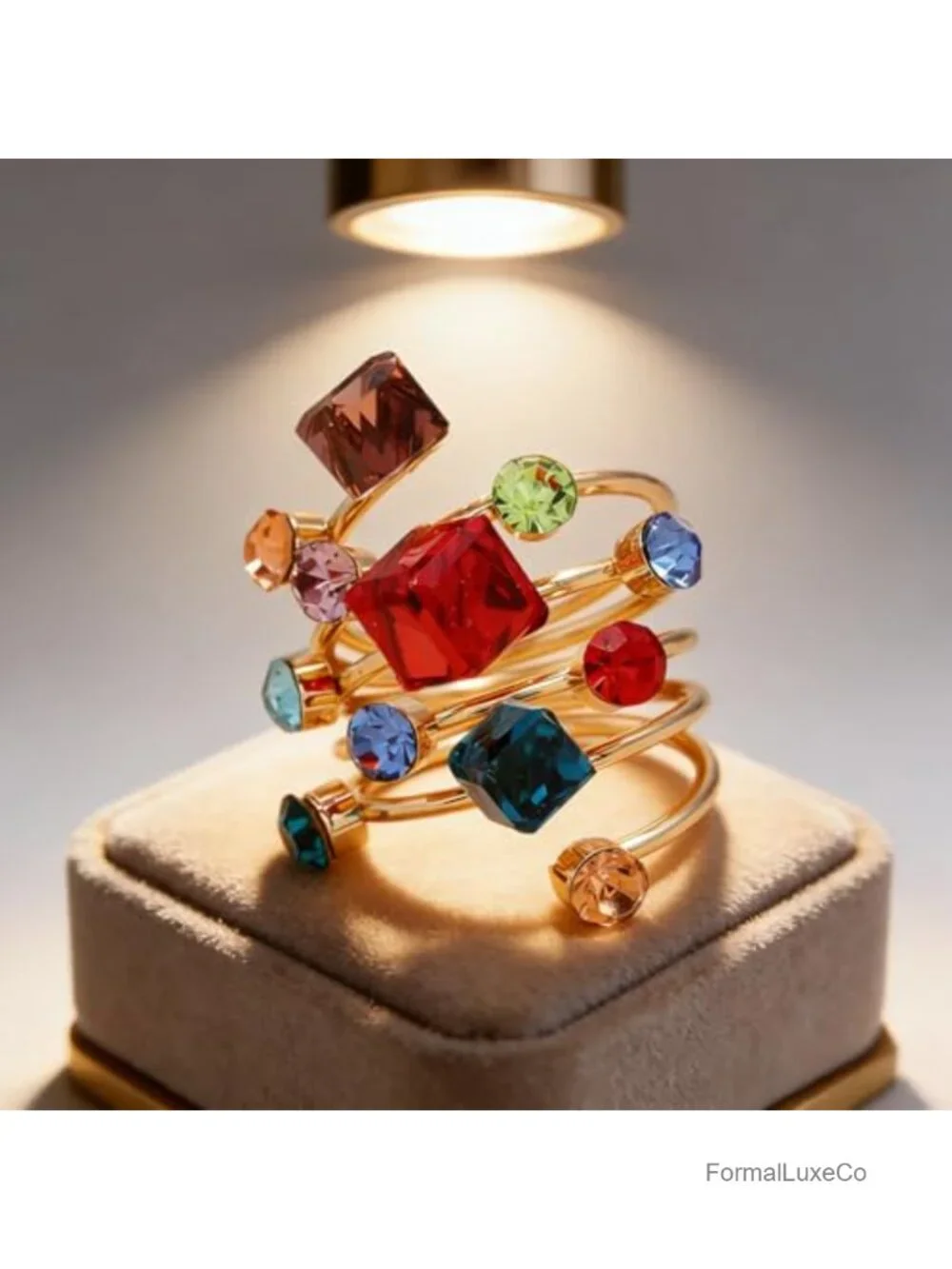 Statement Geometric Cube Crystal Ring for Women Cocktail Rhinestone Gold Jewelry